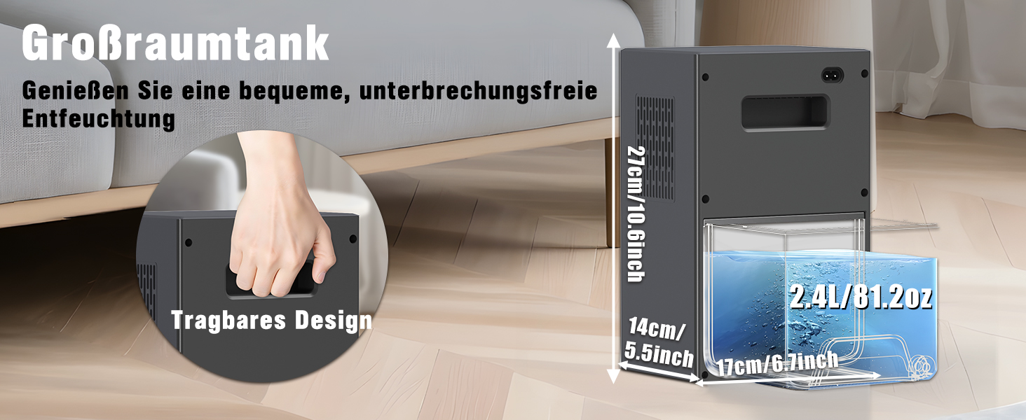 Електричний осушувач повітря Tipkook, 2400 мл, автоматичне відтавання, 10 кольорів підсвічування, таймер 8/12/24 год, ≤35 дБ, портативний для ванної, спальні, кухні, шафи, сірий