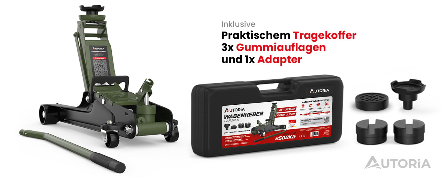 Гідравлічний домкрат Wagenheber 2.5T низькопрофільний для легкових авто та авто з низькою посадкою, зелений оливковий, до 2500 кг, з кейсом та 3 гумовими накладками