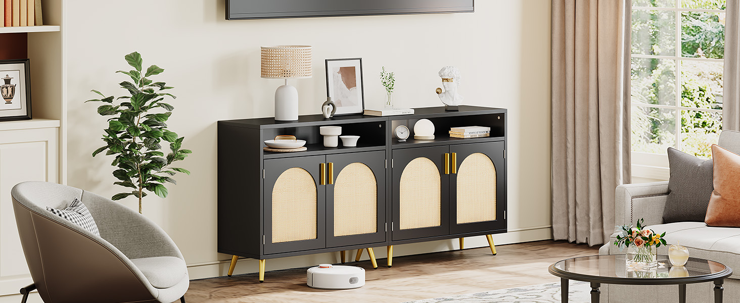 Сервант-комод YITAHOME чорний, кухонна шафа-буфет з ротанговими вставками, 80x35x75 см