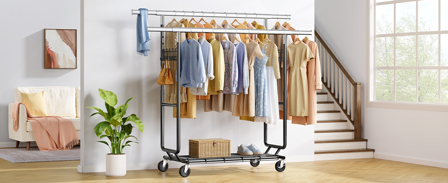 Стійка для одягу на колесах FAVOOOSTY, металева, мобільна, до 200 кг, чорна, 2 стійки