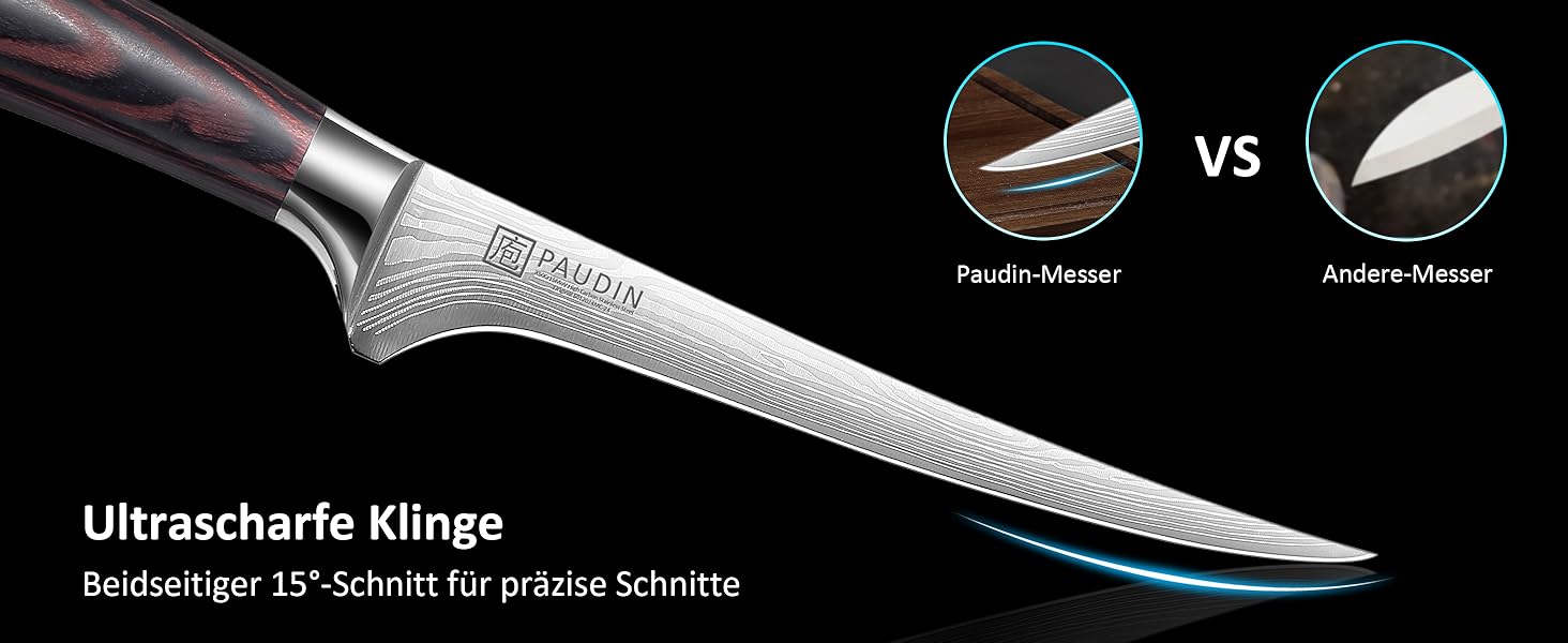 Ніж сантоку PAUDIN з дамаської сталі, 13 см - професійний кухонний ніж для кухні, надзвичайно гострий, з високоякісної нержавіючої сталі та ергономічною ручкою G10 (рибний ніж 18 см)