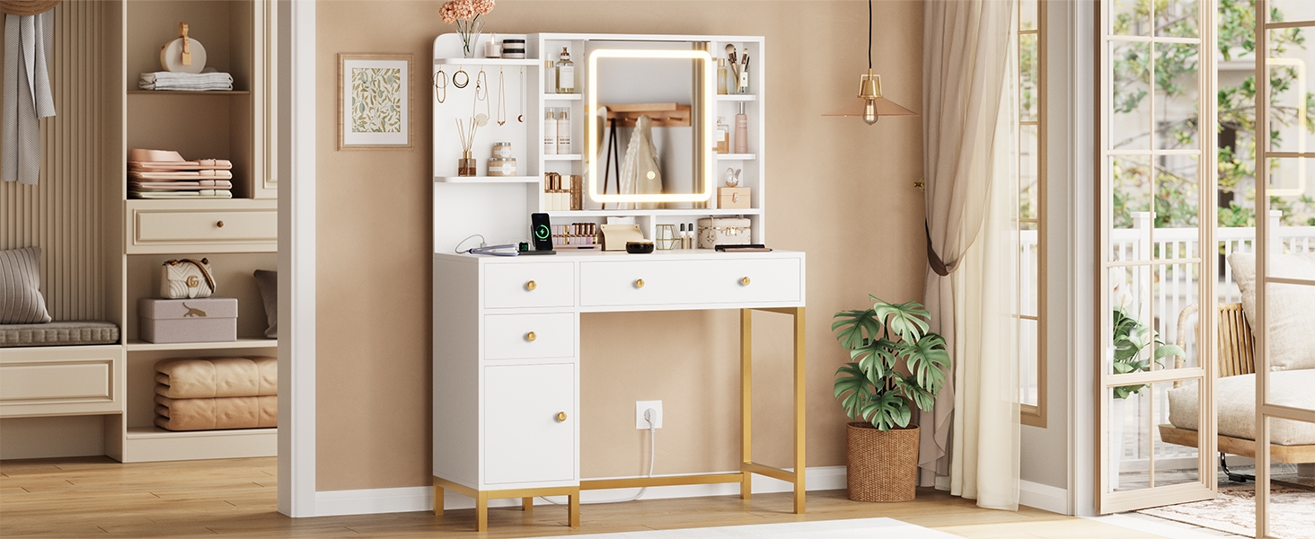 Трюмо AOGLLATI з розеткою, LED-підсвічуванням, регульованою яскравістю, шухлядами та полицями. Косметичний столик зі дзеркалом (білий)