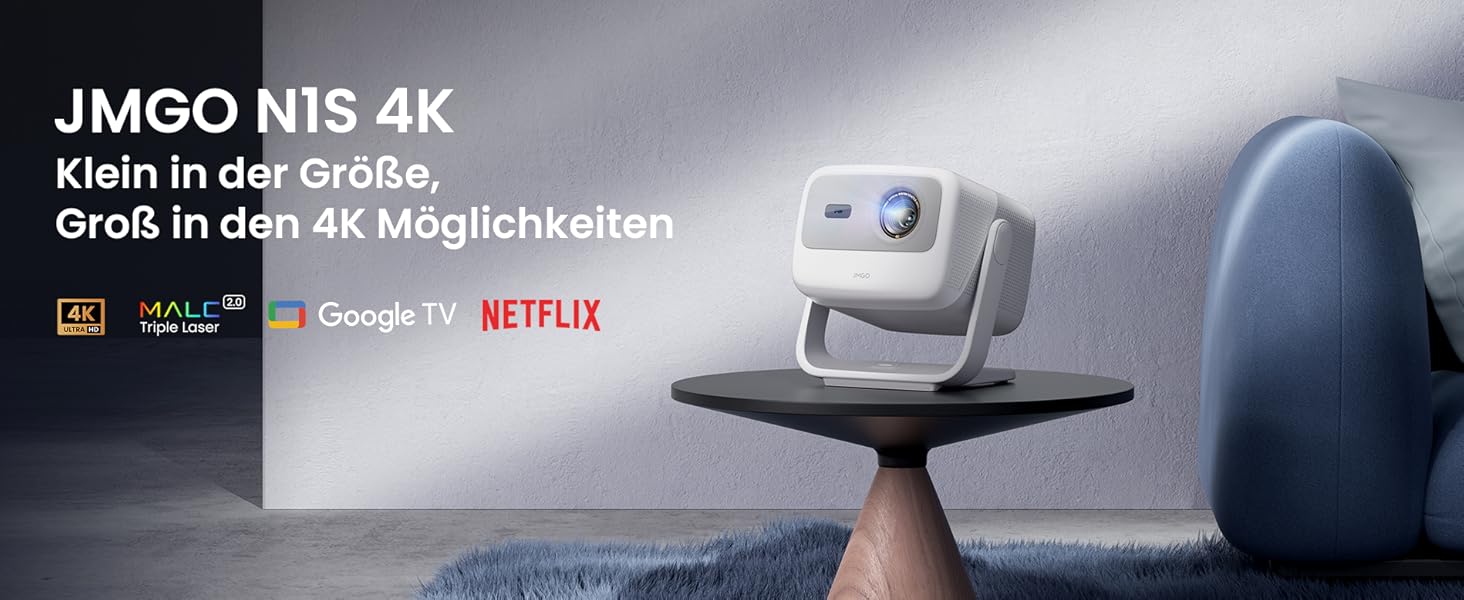 JMGO N1S 4K UHD Міні-проектор: Лазерний, 1100 ANSI люмен, Google TV, HDR10, Dolby Audio, для дому та бізнесу