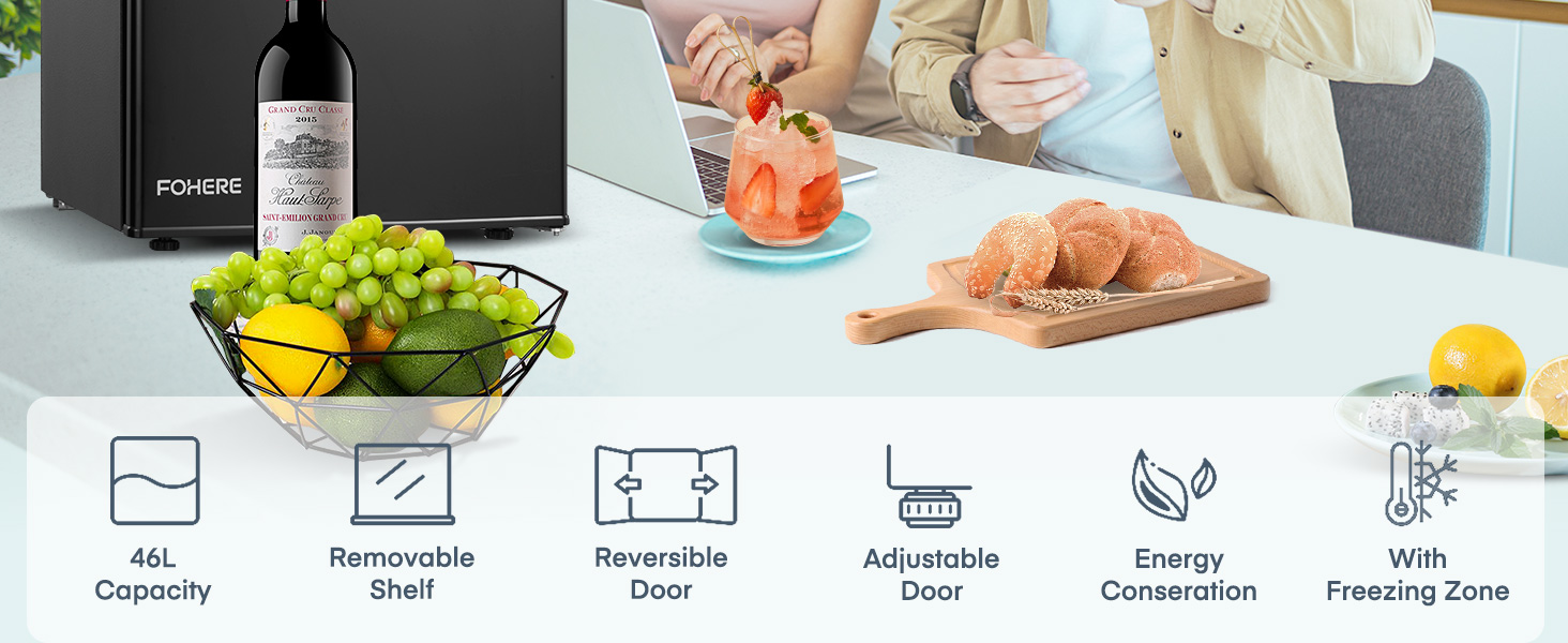 Міні-холодильник FOHERE 46L з відділенням для льоду | Компактний холодильник | Регулювання температури, енергозбереження, тиха робота | Холодильник для напоїв ідеально підходить для офісу, кемпінгу та геймінгу | Змінний бік відкривання дверцят | Чорний