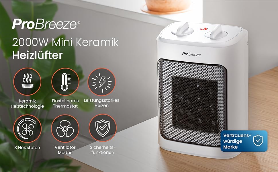 Керамічний обігрівач Pro Breeze 2000W з термостатом, електричний конвектор з 3 рівнями нагріву та захистом від перегріву, білий