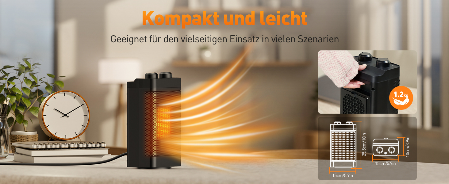Електричний обігрівач з керамічним нагрівачем, 1500 Вт, 3 режими, осциляція 70°, захист від перекидання, тихий обігрівач для офісу, вітальні, спальні