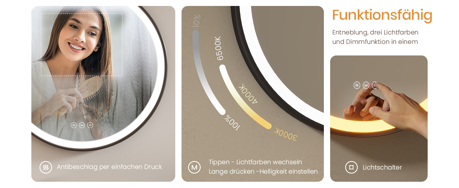 Круглий дзеркало для ванної кімнати EMKE з підсвічуванням 50 см, 3 кольори, регулювання яскравості, антизапар, пам'ять, сенсорне управління, таймер 3 години, енергозберігаючий