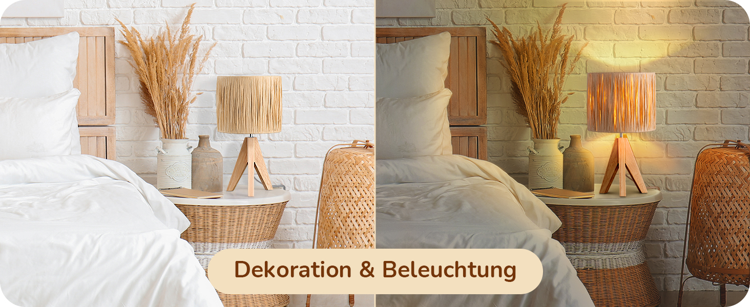 EDISHINE Настільна лампа з ручним плетінням, тепле світло 2700K, дерев'яний штатив, Boho стиль, для спальні, вітальні, готелю, з LED лампою E27 4W, абажур з ротангового паперу