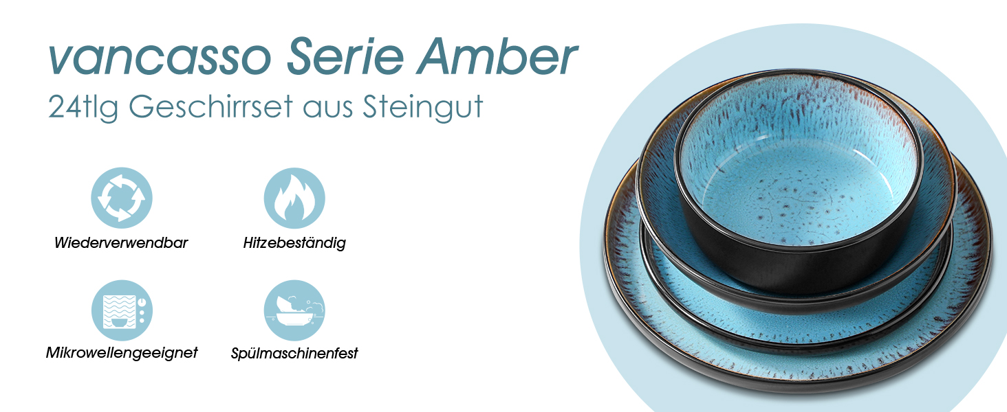 Набір посуду Steingut vancasso AMBER на 6 осіб (24 шт.) - тарілки, супові тарілки, десертні тарілки, миски, реактивна глазур, блакитний колір, придатний для миття в посудомийній машині