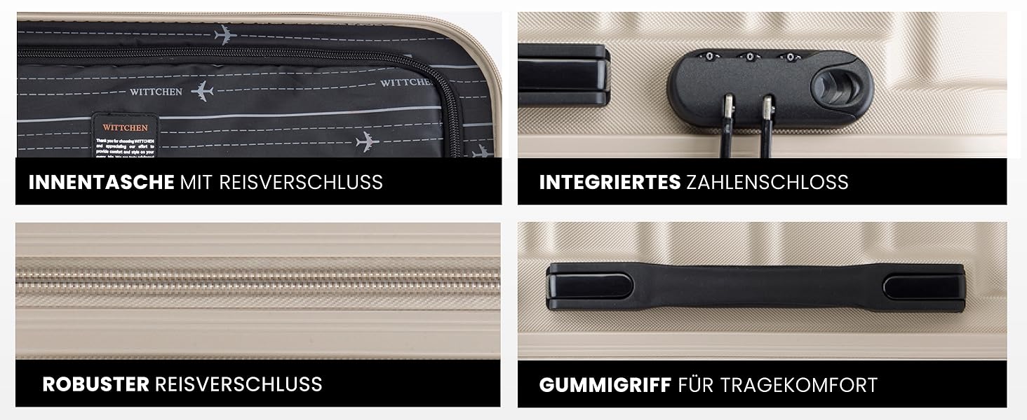 Набір валізWITTCHEN 3в1: велика, середня, маленька. Жорсткий корпус ABS, 4 колеса, кодовий замок. Підходить для Lufthansa, Eurowings, Ryanair, Condor. Бежевий колір.