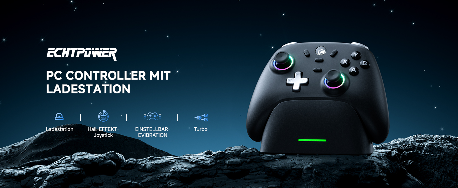 Ігровий бездротовий контролер ECHTPower для PC, Switch, Steam Deck, Android, iOS — RGB підсвітка, Hall-джойстики, Turbo, вібрація, акумулятор 800mAh (Чорний)