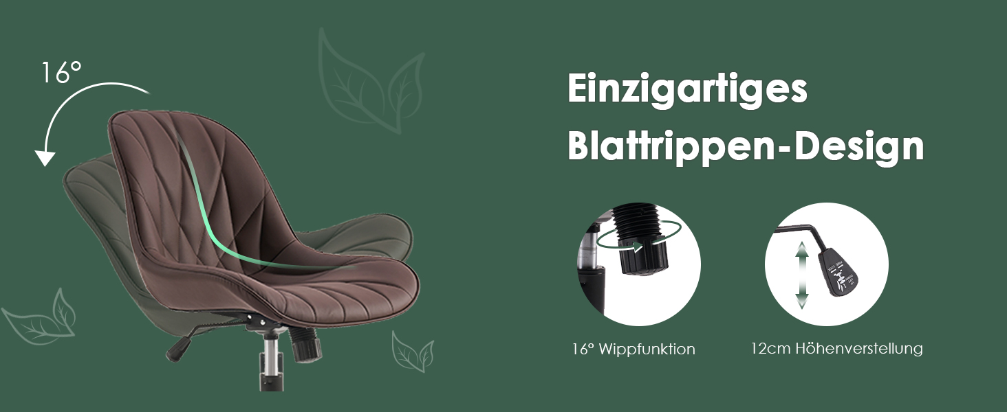 Офісний стілець YOUTASTE з візерунком листя, ергономічний, регульований по висоті, з функцією гойдання, без підлокітників, шкіряний, для дому та офісу (колір: коричневий)