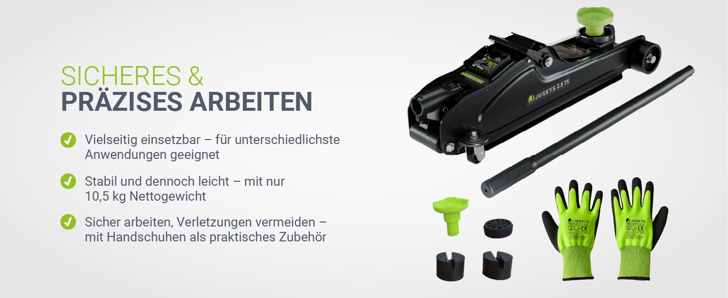 Підйомник гідравлічний Juskys 2.5 т, сталевий, 85-390 мм, з кейсом, гумовими накладками та аксесуарами - Чорно-зелений