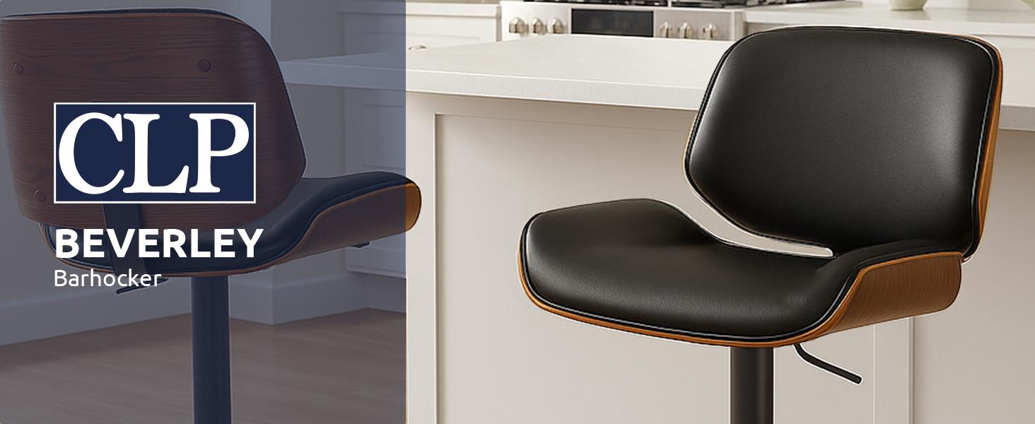 Барний стілець CLP Beverley з штучної шкіри, регульована висота та поворот, дерев'яний табурет з підніжкою, колір: горіх/чорний