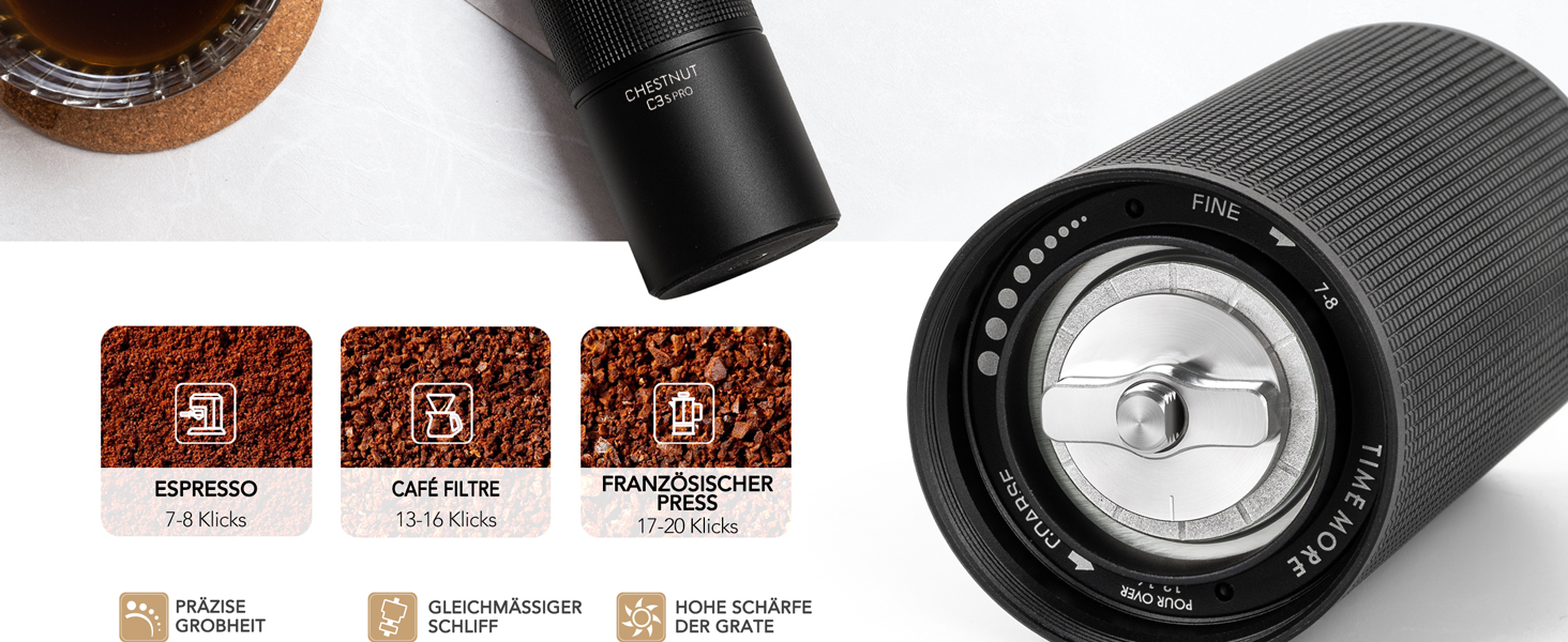 Ручна кавомолка TIMEMORE Chestnut C3s PRO: для еспресо та френч-прес, чорна