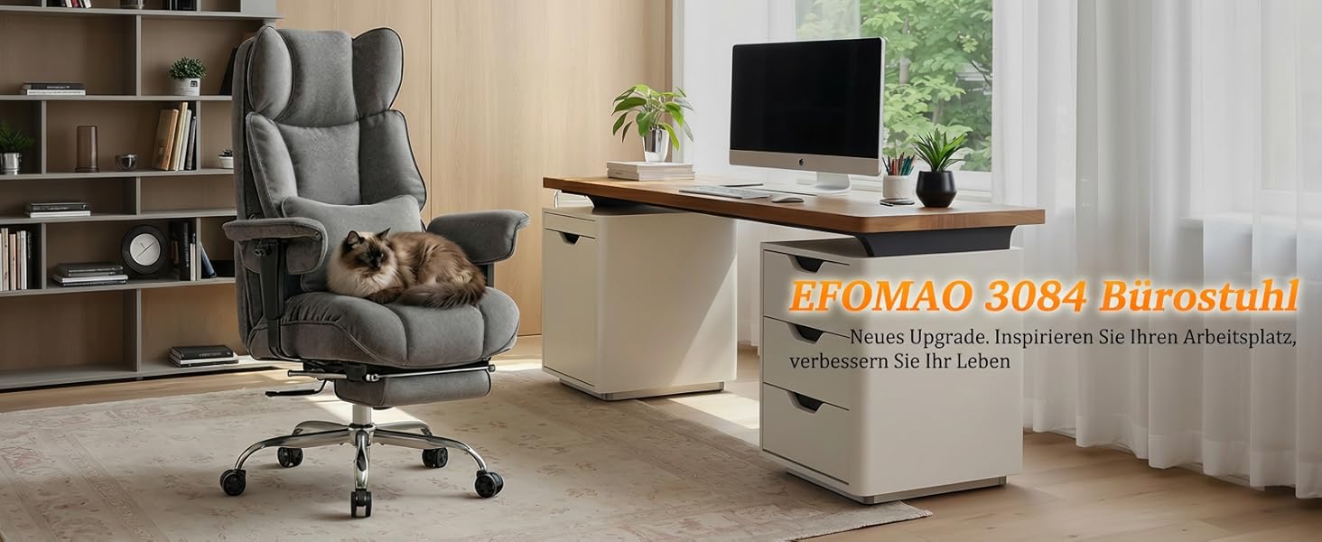 Ергономічний офісний крісло Efomao XXL до 200 кг з підставкою для ніг, чорний. Крісло для дому та офісу з товстою подушкою та високою спинкою.