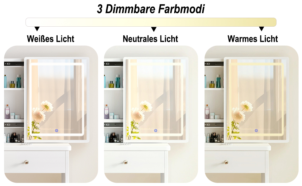 Дзеркальний туалетний столик DATO з LED-підсвічуванням, 3 колірні температури та регулюванням яскравості, з пуфом, 5 шухляд та 3 полиці, з розсувним дзеркалом (T68)