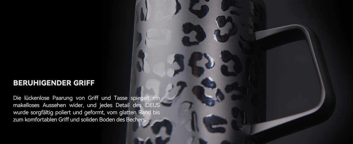 Кружка для кави та чаю Ideus® 470 мл з подвійними стінками, з нержавіючої сталі, з антиковзним руків'ям та кришкою-модулем, великий об'єм (Червоно-зебра)