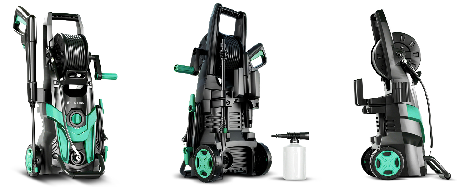 Високотискний мийник 180 Bar, 6-в-1 насадка, продуктивність 420л/год, площа прибирання 50м²/год, економний, з піночистою та барабаном для шлангу, для автомобілів та під'їздів (Блакитний)