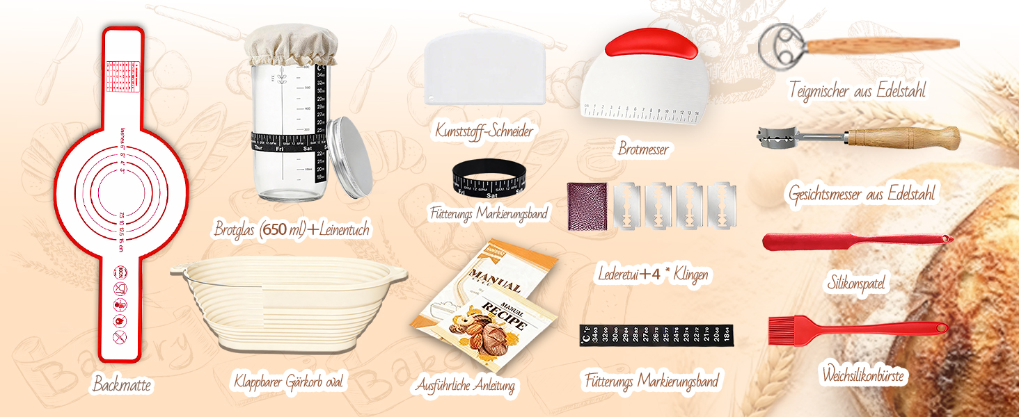 Набір для приготування закваски Daity: 12 предметів для випікання хліба, з підігрівачем, овальний гніт для підйому тіста 28см з силікону, для початківців та професіоналів