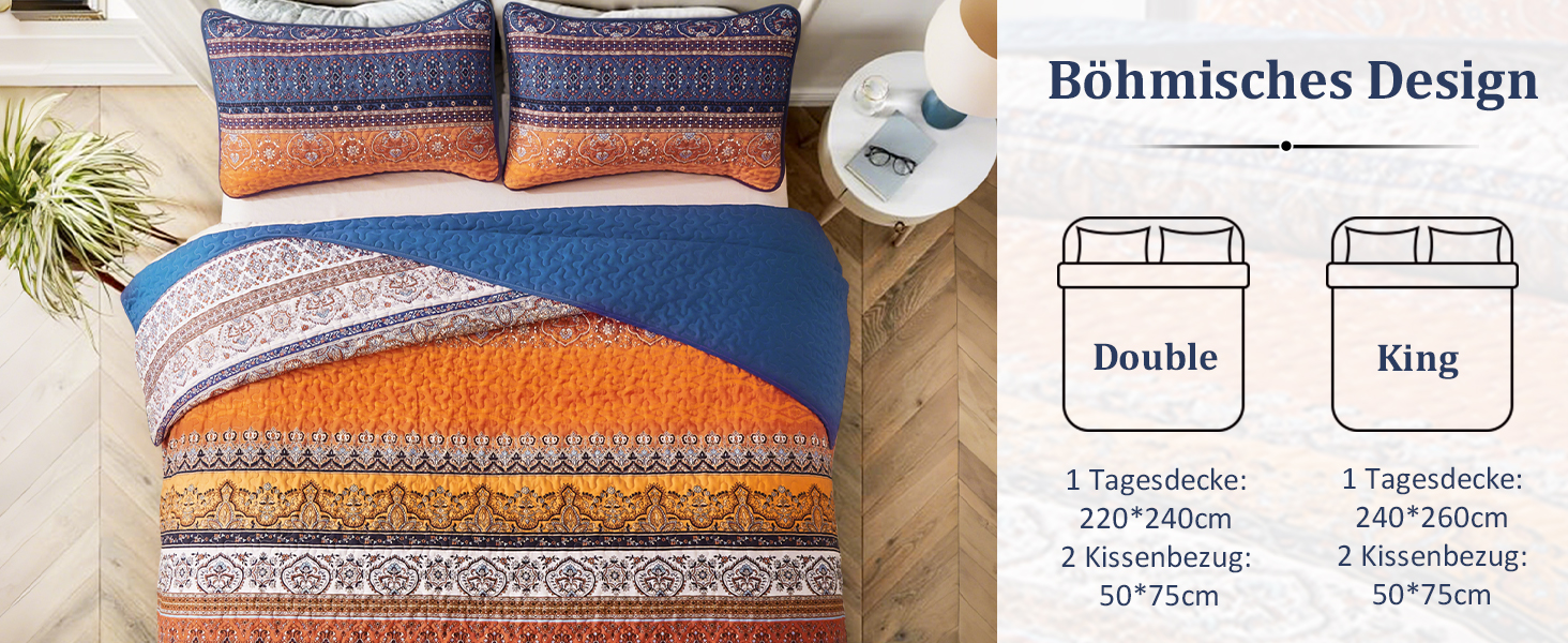 Постільна покривало WONGS BEDDING в стилі Бохо 220x240 см, 3-предметний комплект з 2 наволочками 50x70 см, стібана ковдра з мікрофібри для двоспального ліжка та дивана