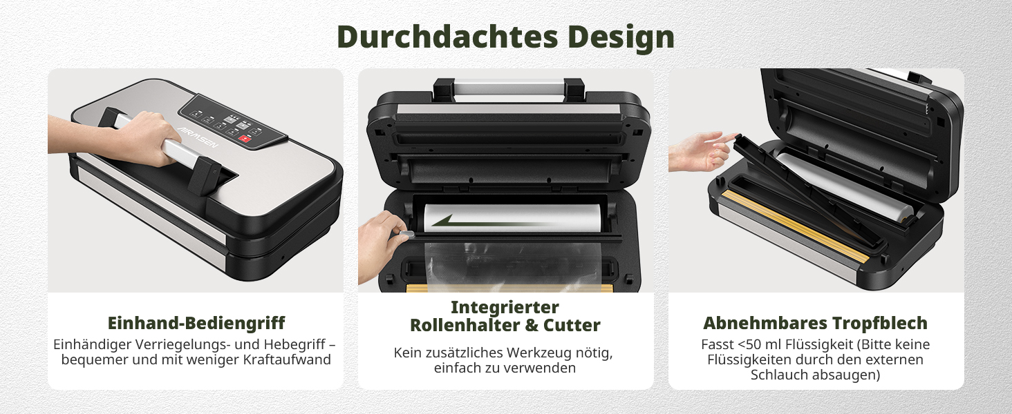 Вакууматор AIRMSEN 95 кПа з функцією підкачки, професійний вакуумулятор для сухих та вологих продуктів, 120 Вт, з відсіком для рулонів, різаком та шлангом, подвійний шва 2x3 мм