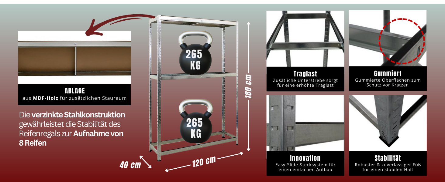 Стелаж для шин PROREGAL Ragnar, 180x120x40 см, 2 рівні, до 8 шин, з полицею, 265 кг на полицю, оцинкований, для гаража, складу, підвалу