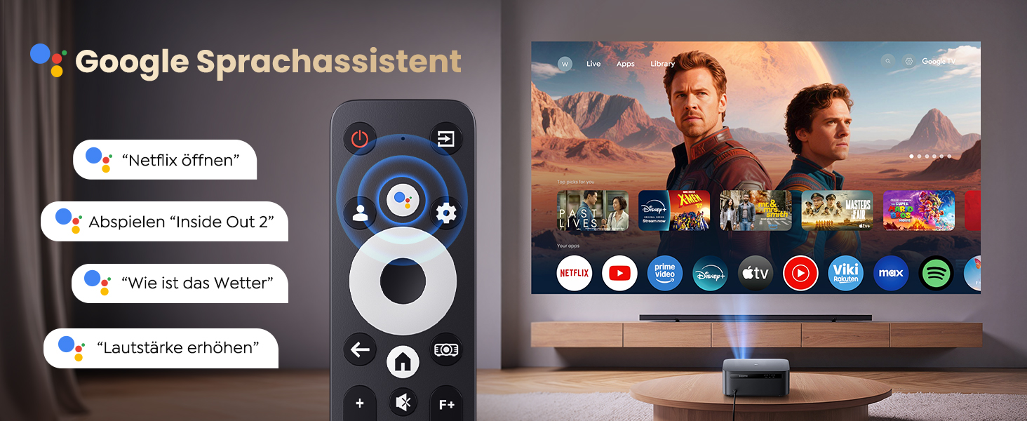 Beamer 4K для дому з Google TV, 1200 ANSI, Netflix, FHD 1080p, автофокус, корекція трапеції, 20W, WiFi6, Bluetooth, для вулиці, чорний