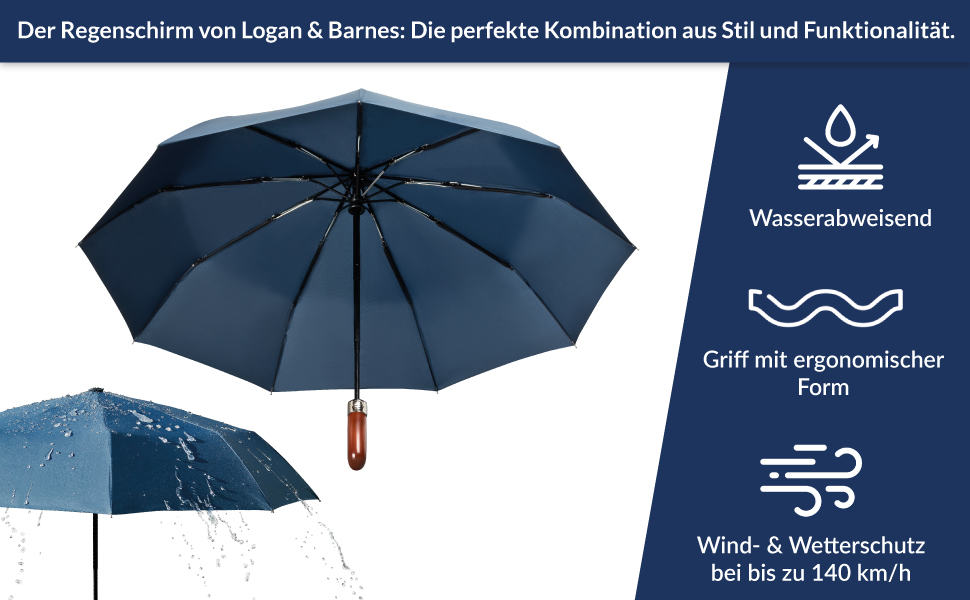 Парасолька складна штормозахисна LOGAN & BARNES 140 км/год, дерев'яна ручка, тефлонове покриття, модель Dublin Black