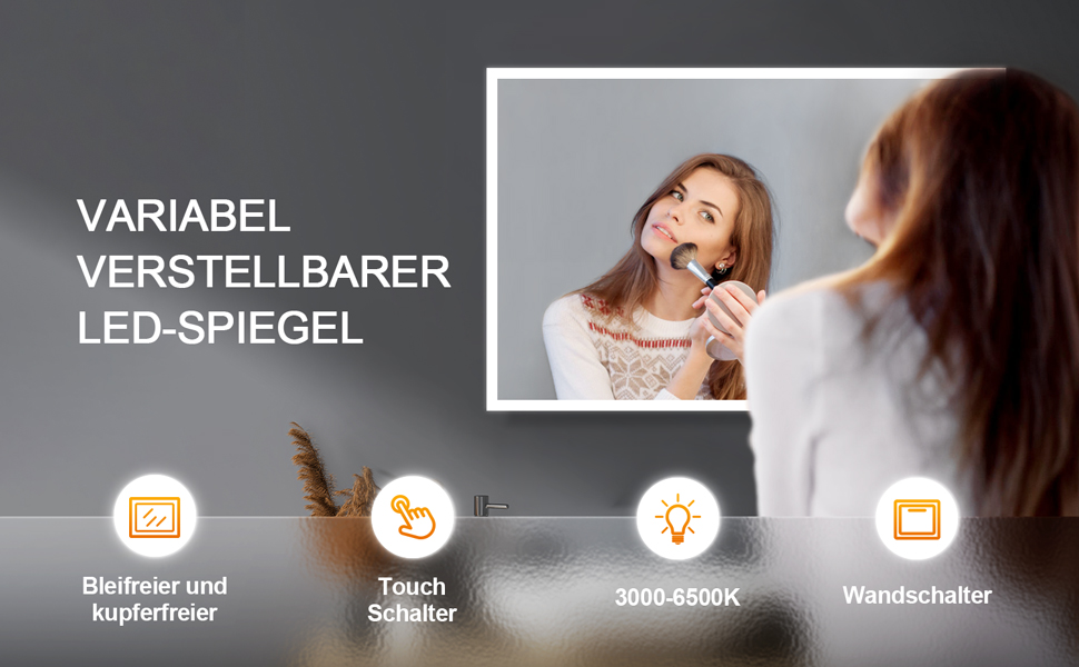 LED дзеркало для ванної кімнати з підсвічуванням 40x60 см, сенсорне керування, 3 кольори світла, IP67, енергозберігаюче A++