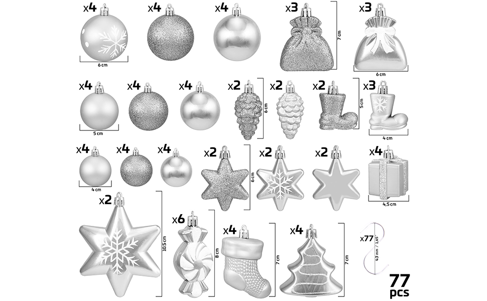 БРУБЕЙКЕР набір з 77 предметів Різдвяні дрібнички для ялинки-пластик / срібло (срібло)
