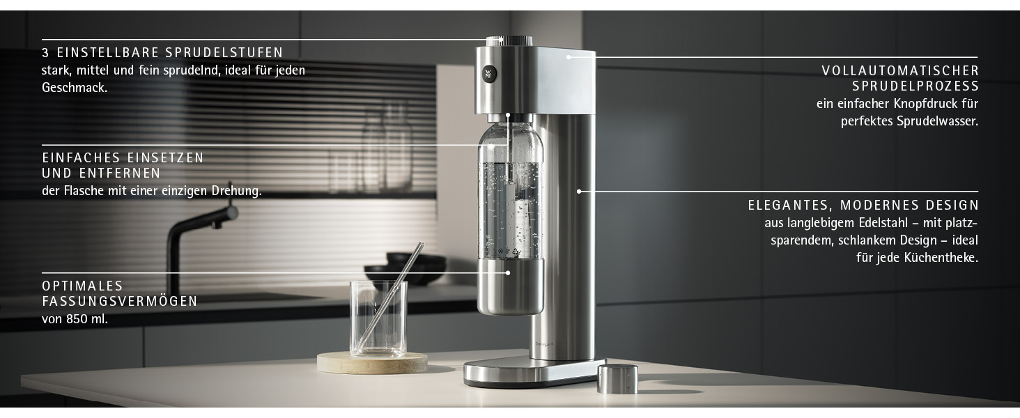 Автоматичний сифон для води WMF Element One зі сталі, газифікатор води з 3 рівнями насичення, сріблястий