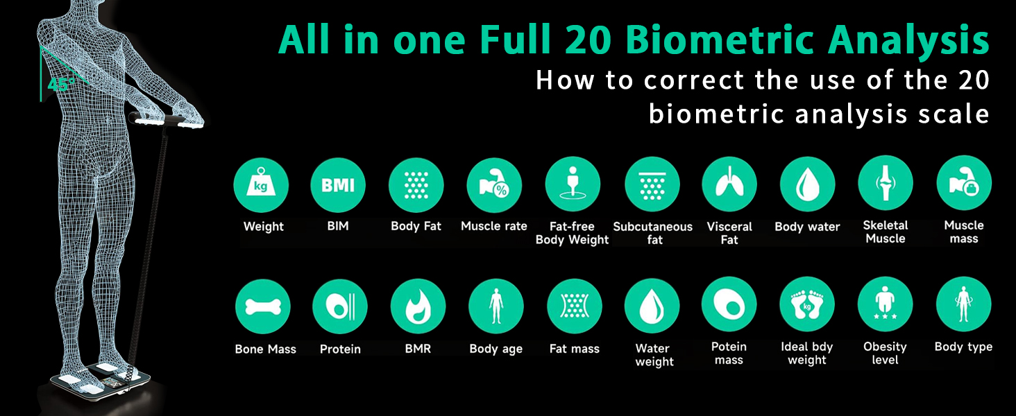 Цифрові датчики та додаток для вимірювання жиру в організмі, аналізатор тіла, клінічно підтверджений, ваги для ванної кімнати з аналізом жиру в організмі, з 8 високоточними датчиками для вимірювання рук і ніг, максимум 180 кг, великі 11,8 дюйма/300 мм