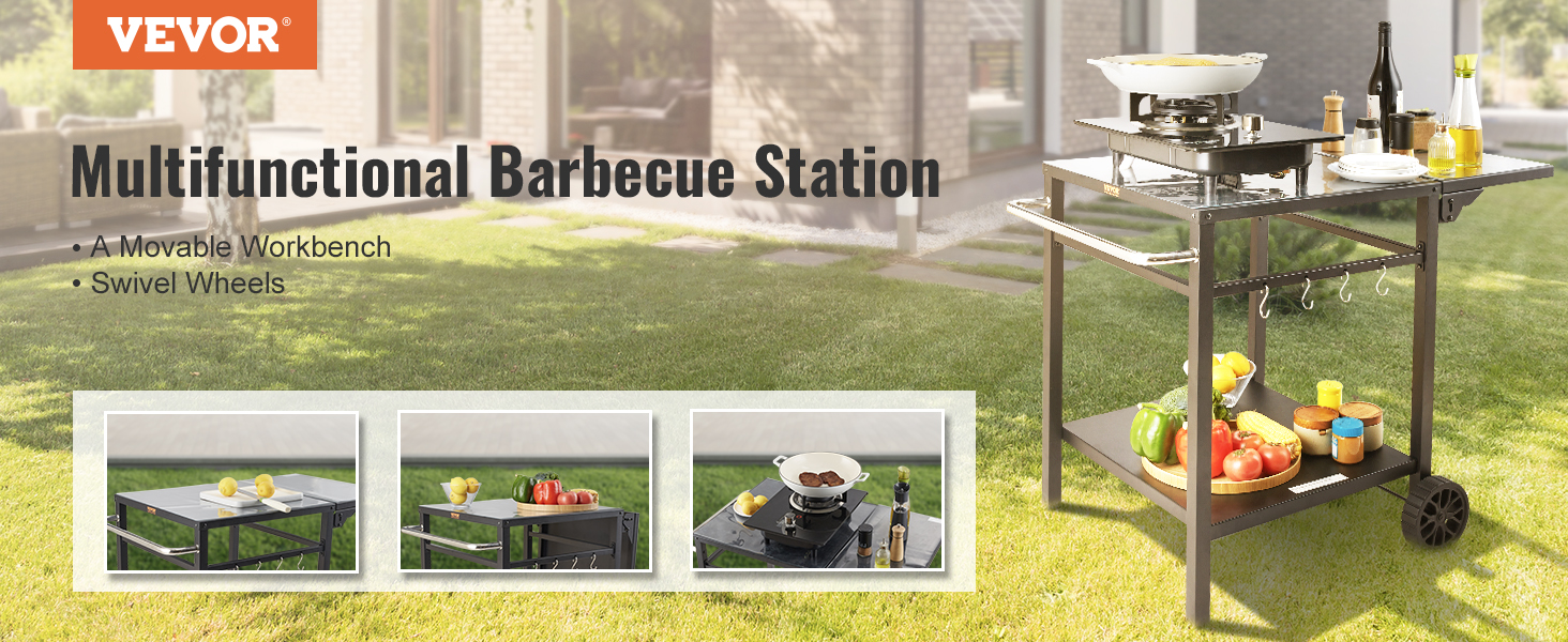 Grillwagen VEVOR: Мобільний вуличний гриль з подвійною полицею та регульованим столиком для приготування їжі (97,2 x 64 x 75,5 см)