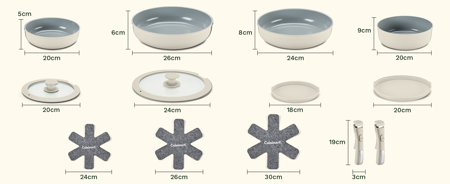 Набір посуду Cuisinart Ceramica XT 11 предметів: каструлі, сковороди, сотейник, пароварка. Керамічне антипригарне покриття з титановим зміцненням. Без PTFE, PFOA та PFAS, колір - слонова кістка