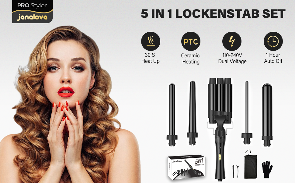 Набір локшини Janelove 5 в 1: керамічний локшик 10-32 мм з різними насадками, регульована температура, рукавички та нейлонова сумка (рожеве золото)