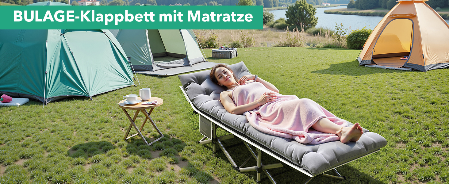 Розкладне ліжко для кемпінгу з матрацом та сумкою-переноскою, посилене (до 208 кг), XL 190x71x35 см, сіре