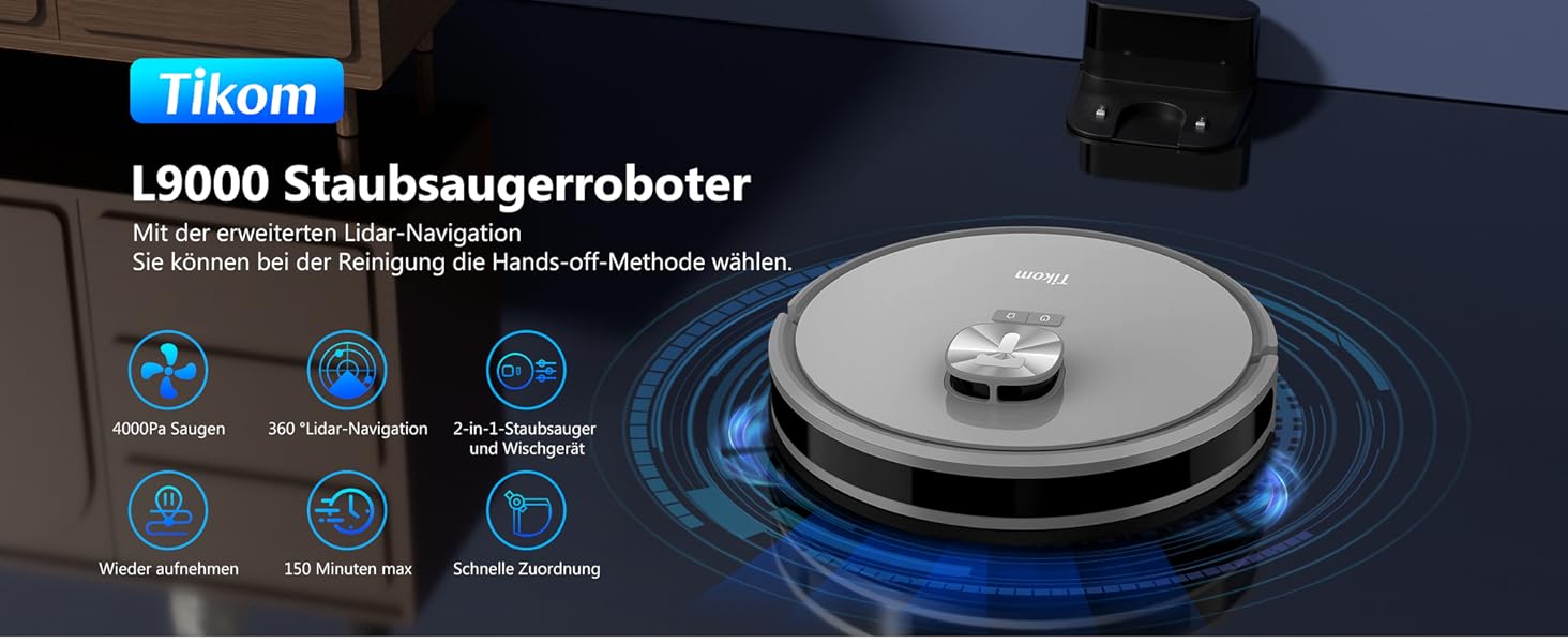 Робот-пилосос Tikom L9000 з функцією миття підлоги, LiDAR, 4000 Па, 150 хв, самозарядка, Wi-Fi, заборонені зони, сірий