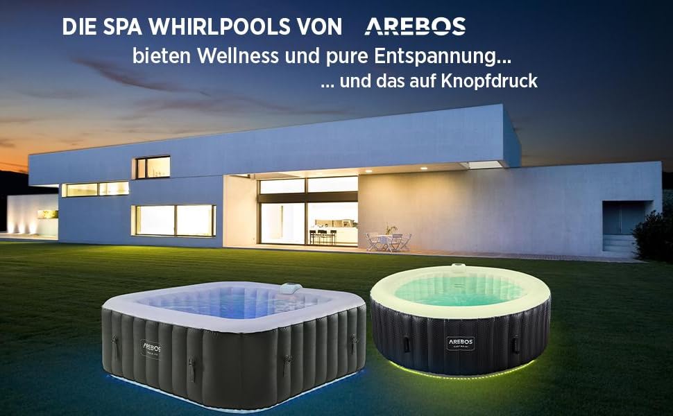 Надувний гідромасажний басейн-спа Arebos Spa Whirlpool 2400 Вт для 6 осіб, 185x185 см, 130 масажних форсунок, LED-підсвітка, 910 л, з кришкою