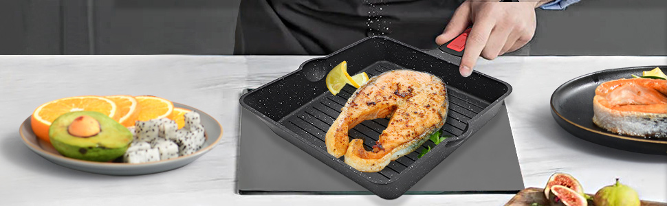 Сковорода-гриль AIKENBBKK 24x24 см з знімним ручками, антипригарне покриття, для стейків, сумісна з духовкою, миюча в посудомийній машині (білий)