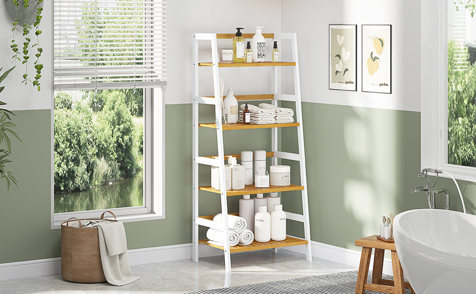 Багатофункціональна бамбукова полиця VIAGDO з 4 ярусами для ванної кімнати, книг, взуття, рослин, балкону, квітів. Білий колір