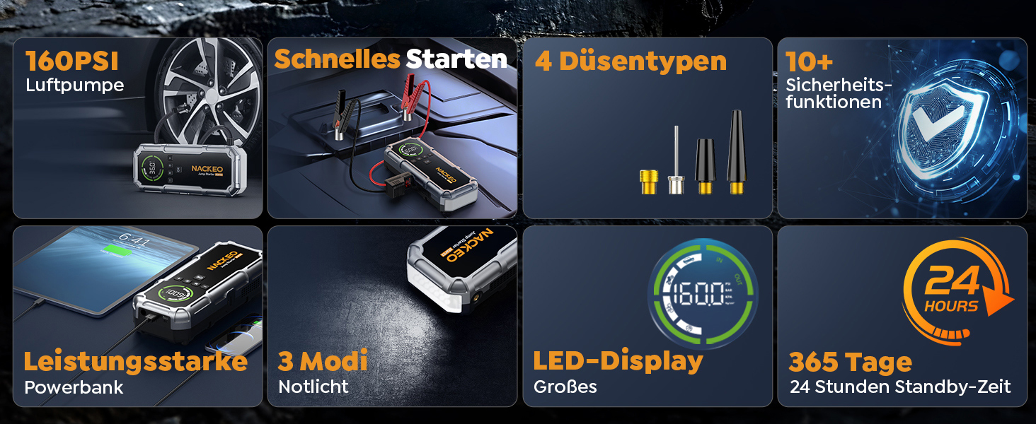 Powerbank Starthilfe 8000A з компресором 160PSI, 12V для авто, 20000mAh, LED-ліхтар, LCD-дисплей, сріблястий