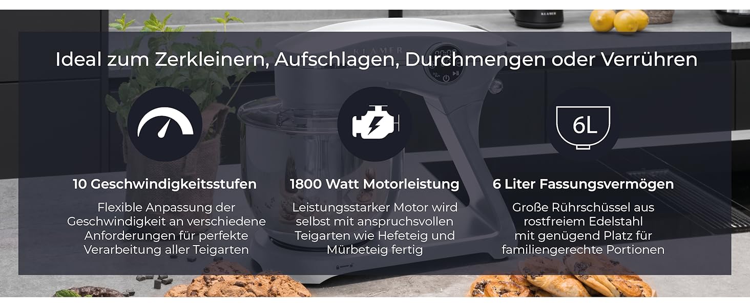 Кухонний комбайн KLAMER 1800W — планетарний міксер для тіста з чашею з нержавіючої сталі 6л, 10 швидкостей, таймером та набором насадок (гак, вінчик, міксер), сріблястий