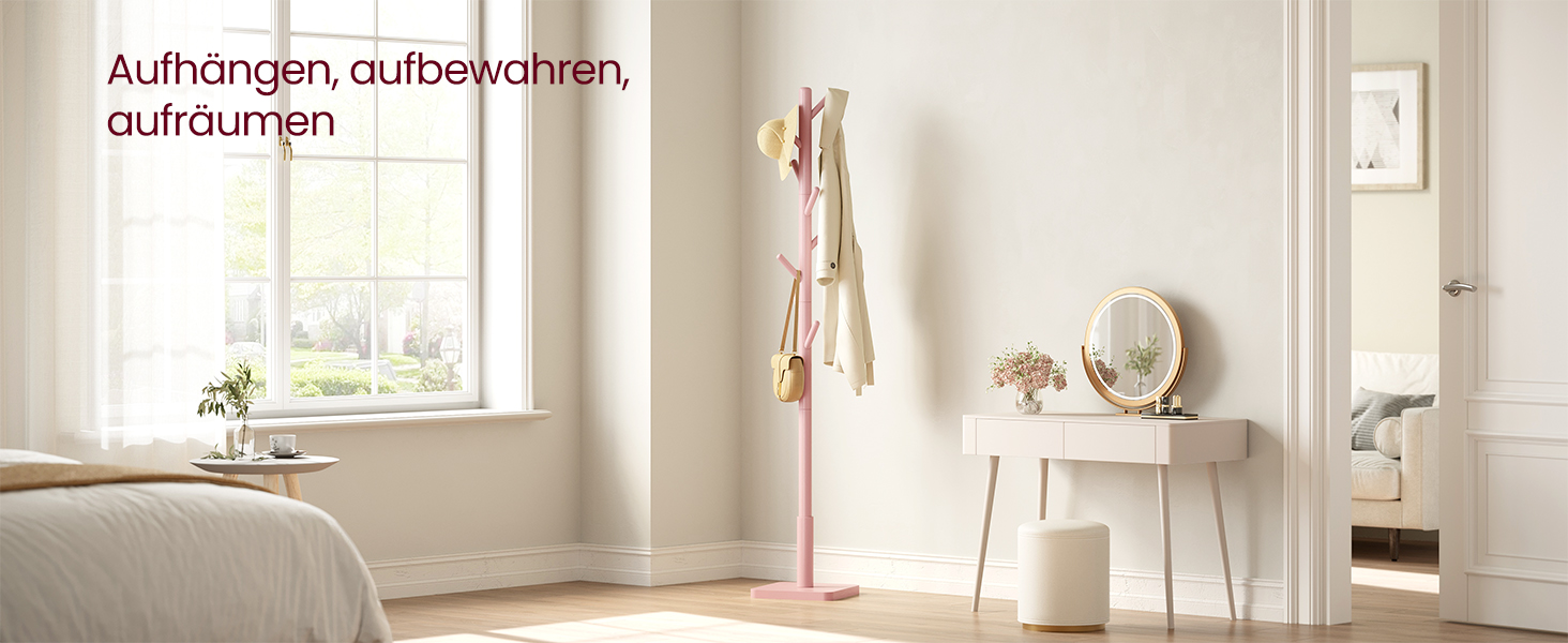 Стійка для одягу VASAGLE, дерев'яна, з 8 гачками, рожева, RCR010B01