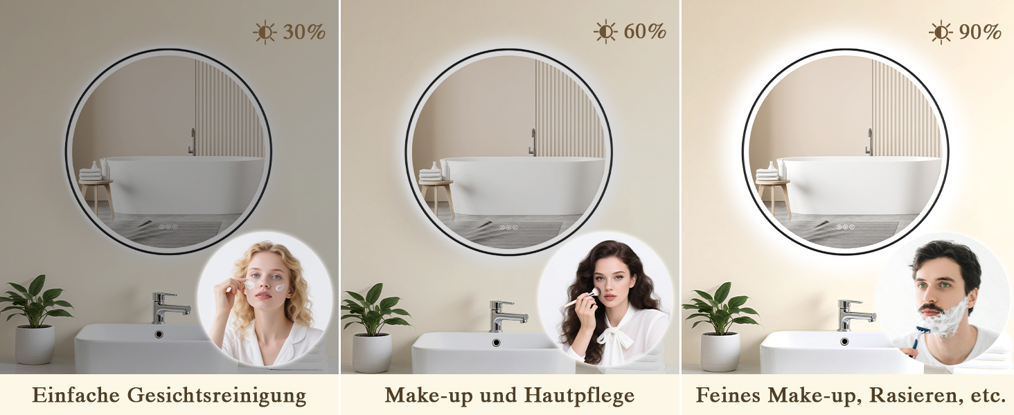 Дзеркало для ванної кімнати з підсвічуванням LED, кругле, 50 см, сенсорне керування, регулювання яскравості, функція пам'яті, захисне скло HD, захист від вибуху, Bluetooth, антизапар, металевий каркас, 60x60 см