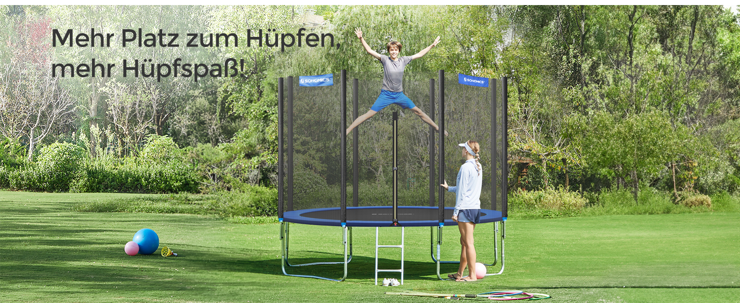 Батут SONGMICS садовий Ø305 см з захисною сіткою, драбиною та м'якими стійками, блакитний