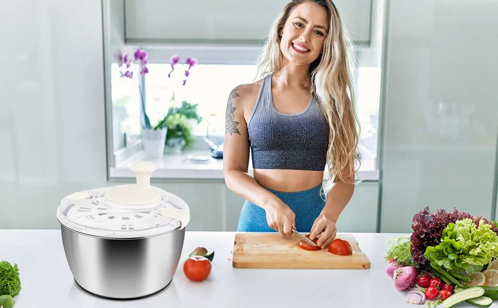 RAINBEAN Салатниця-сушарка велика з нержавіючої сталі, 5 літрів. Миття, віджимання та сушіння овочів та фруктів.