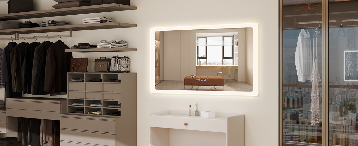 Дзеркало для ванної кімнати YOURLITE з LED-підсвічуванням 100x60 см, сенсорне управління, годинник, антизапотівання, 3 кольори світла, регулювання яскравості, функція пам'яті, білий - 60100