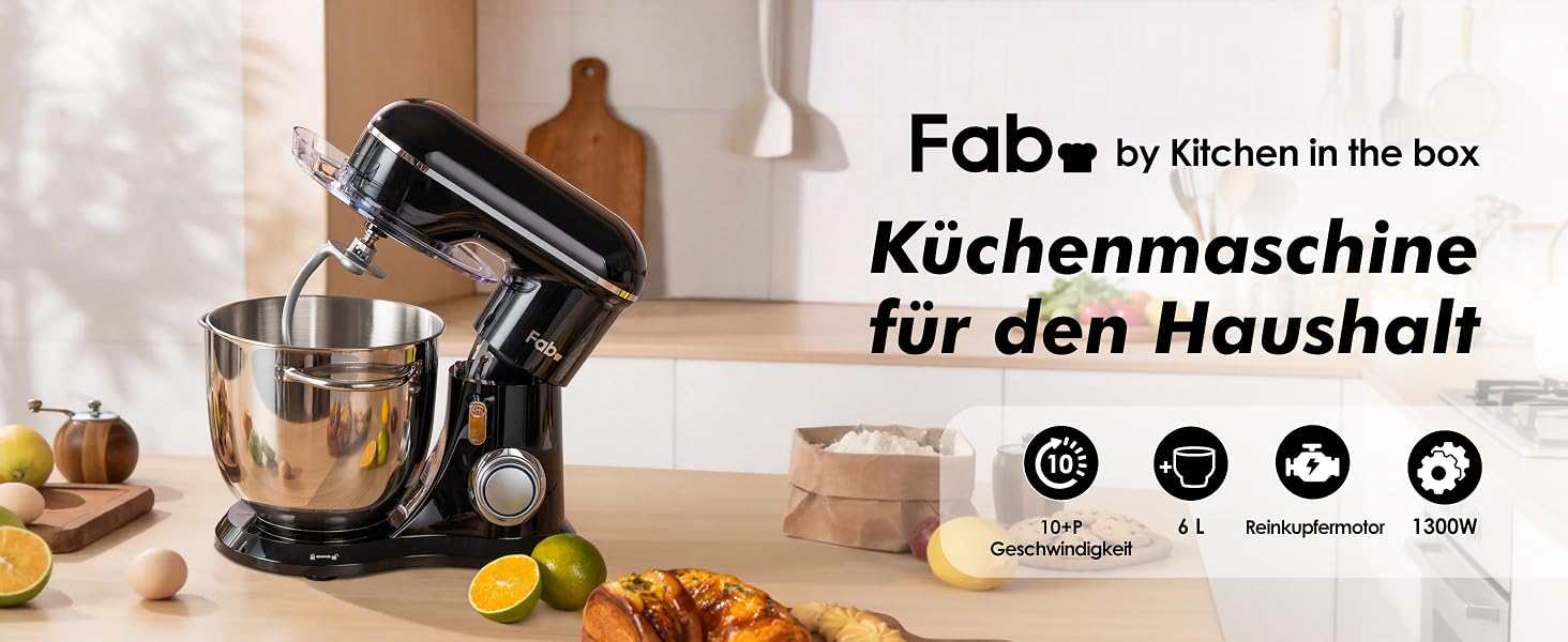 Кухонний комбайн Kitchen in the box Fab-Serie, потужний планетарний міксер 1300 Вт, 10 швидкостей, чаша 6 л, чорний (з гаком, вінчиком та мішалкою)