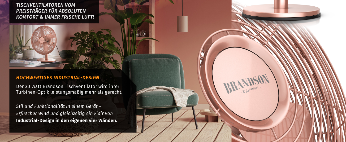 Вентилятор настільний Brandson мідний, 3 швидкості, з осциляцією 80° та нахилом 40°, металевий корпус (Рожеве золото)